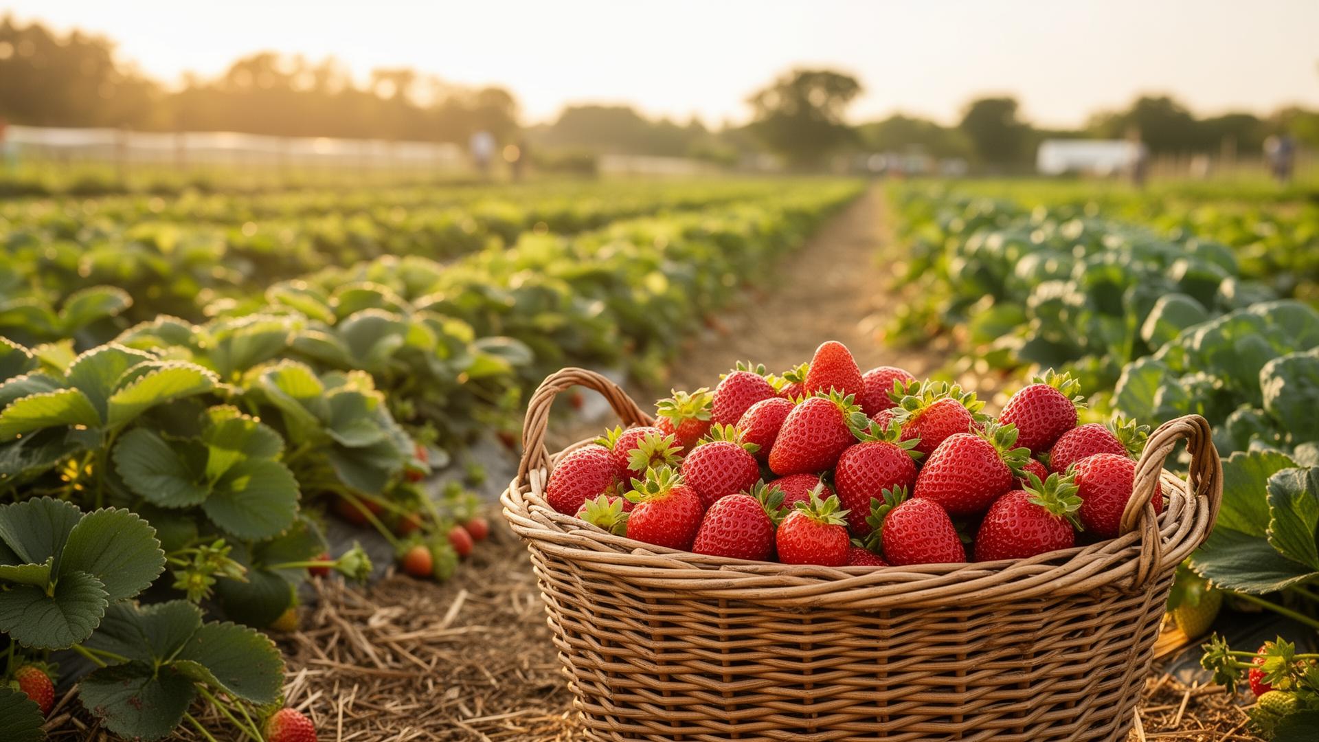 Panier de fraises fraîchement cueillies dans un champ de cueillette
