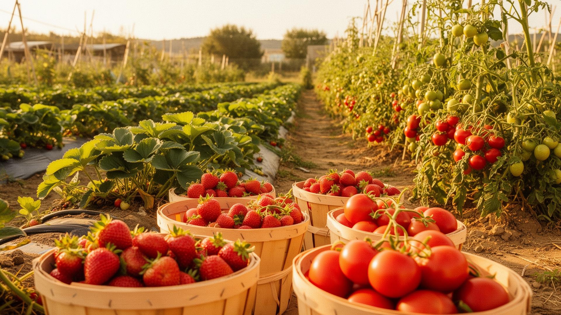 Paniers de fraises et de tomates fraîchement cueillies dans un champ ensoleillé